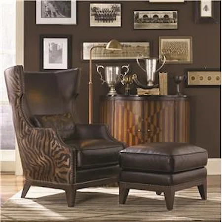 Traditional Top Grain Brown Leather Wing Back Chair & Ottoman Set with Nailhead Trim